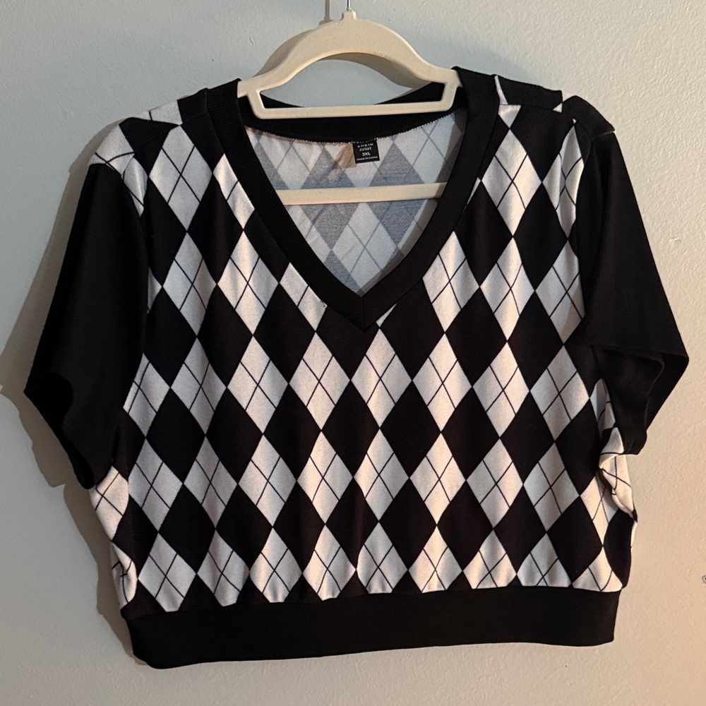 Black and White Argyle V-Neck Sweater